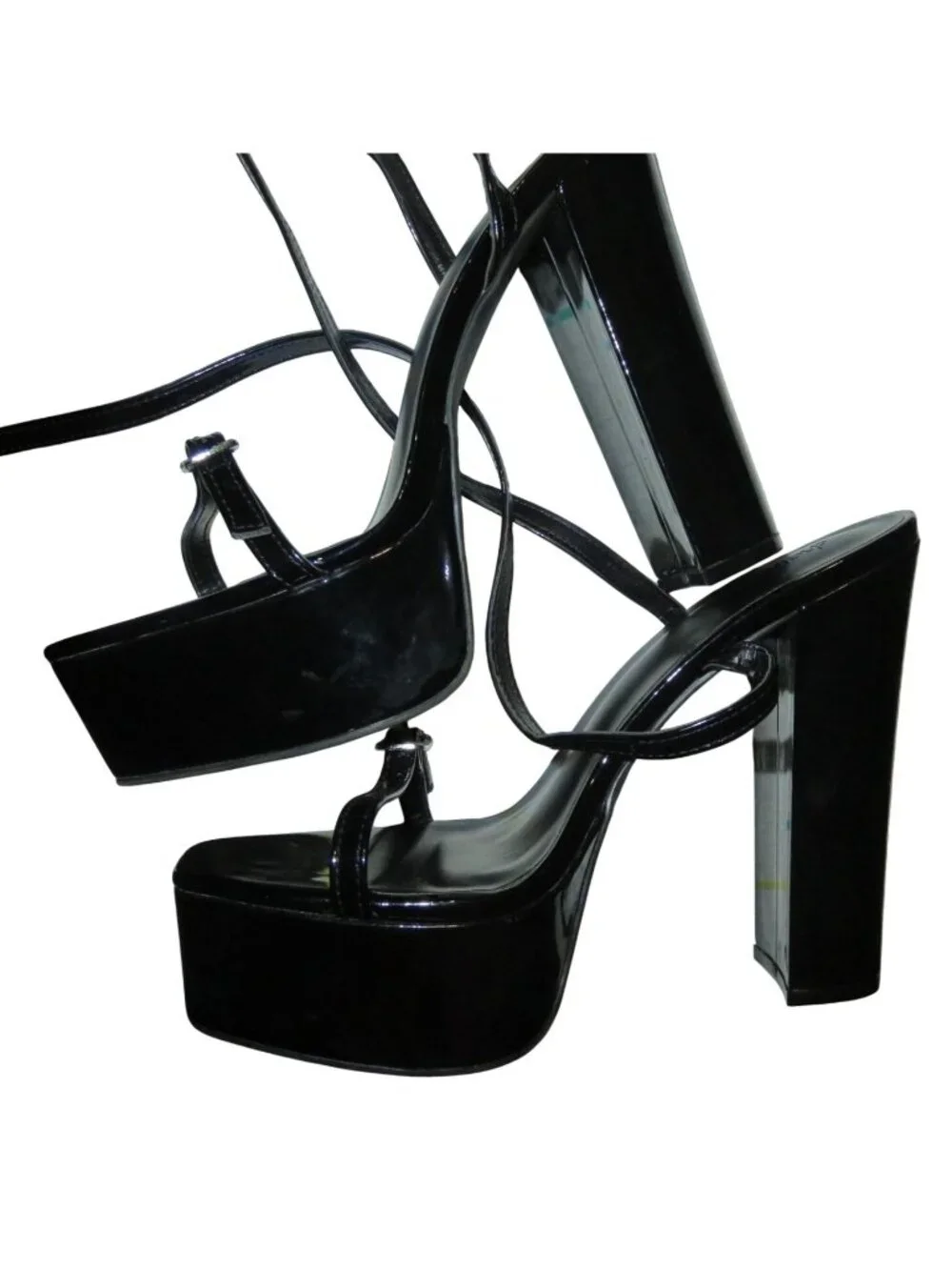 Vivianly Black Open Toe Ankle Strap Platform Vegan Patent Leather Chunky Heels